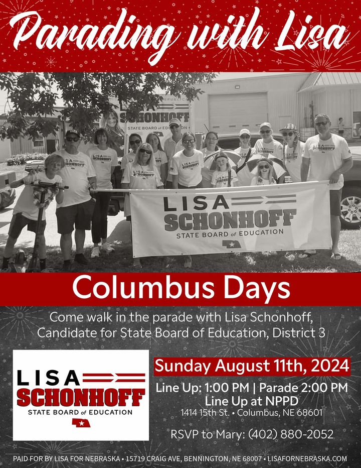 Walk With Lisa Schonhoff in the Columbus Days Parade on August 11th