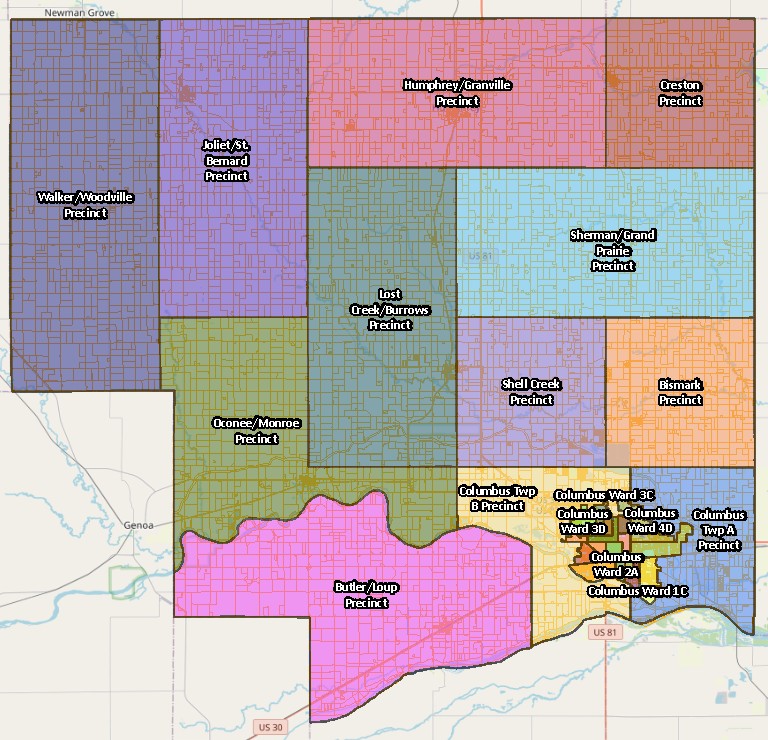 Click image above to download a copy of the precinct map for Platte County, Nebraska.